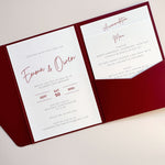 Emma pocketfold invite with 2 insert cards for accommodation and menu details