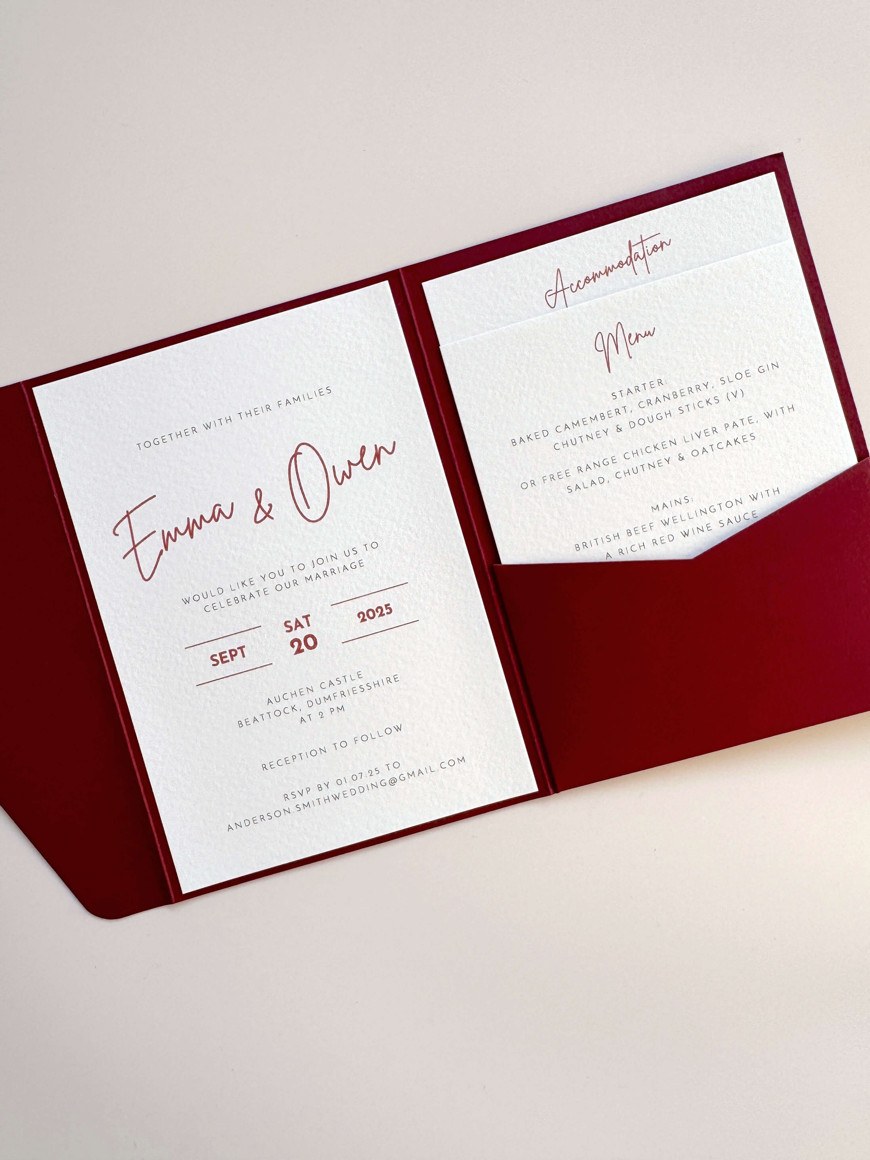 Emma pocketfold invite with 2 insert cards for accommodation and menu details