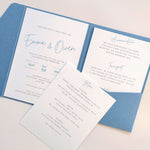 Dusty cornflower blue pocketfold wedding invitation with 2 inserts for wedding details
