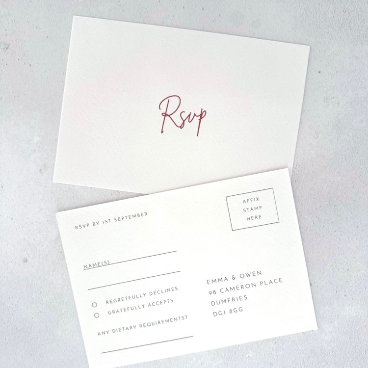 Emma RVSP postcard in burgundy for wedding invites