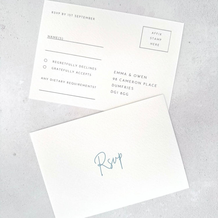 Emma RSVP postcard in dusky blue 