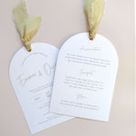 Emma arched wedding invite with sage green silk ribbon with double sided info card for menu