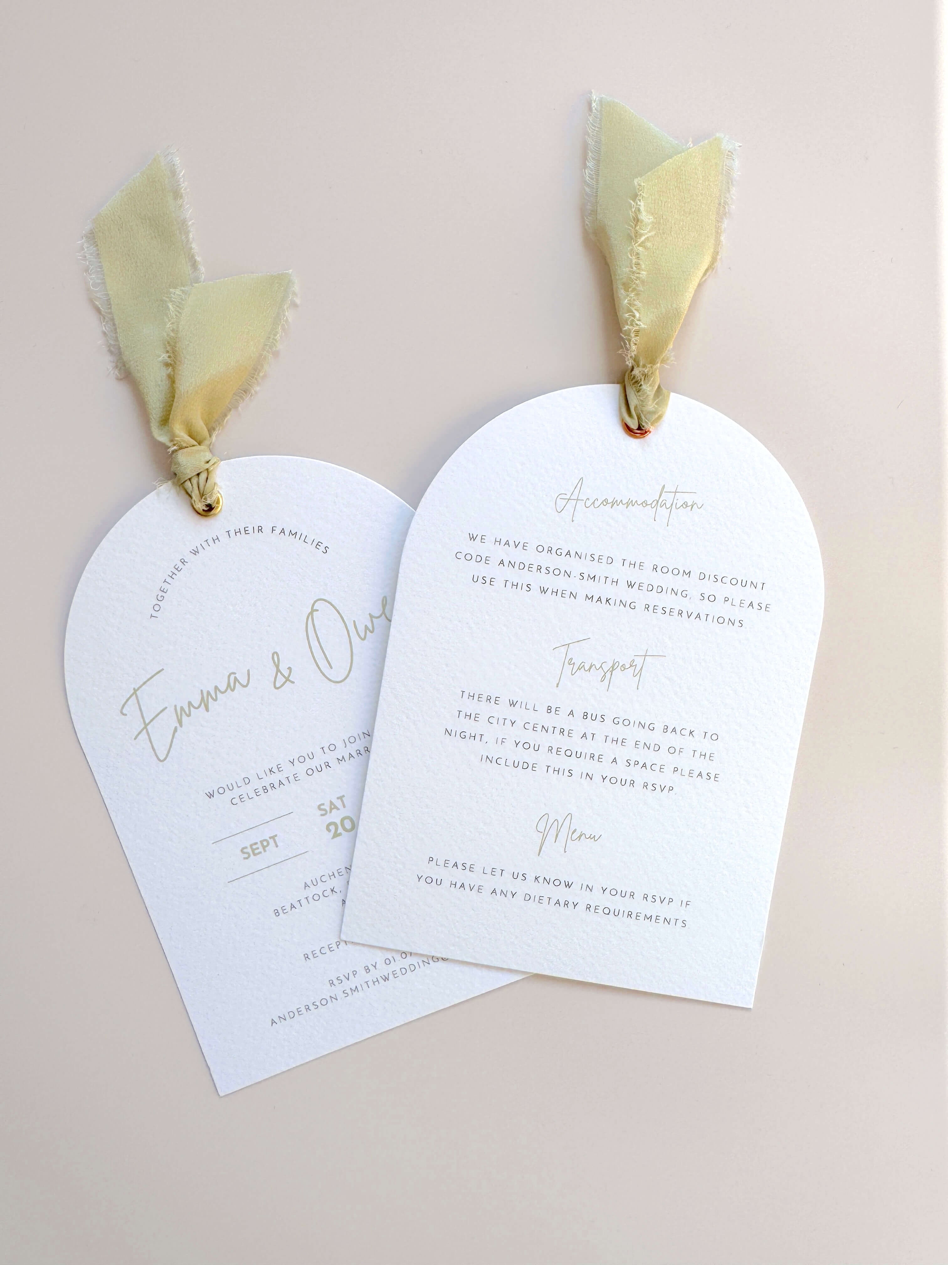 Emma arched wedding invite with sage green silk ribbon with double sided info card for menu