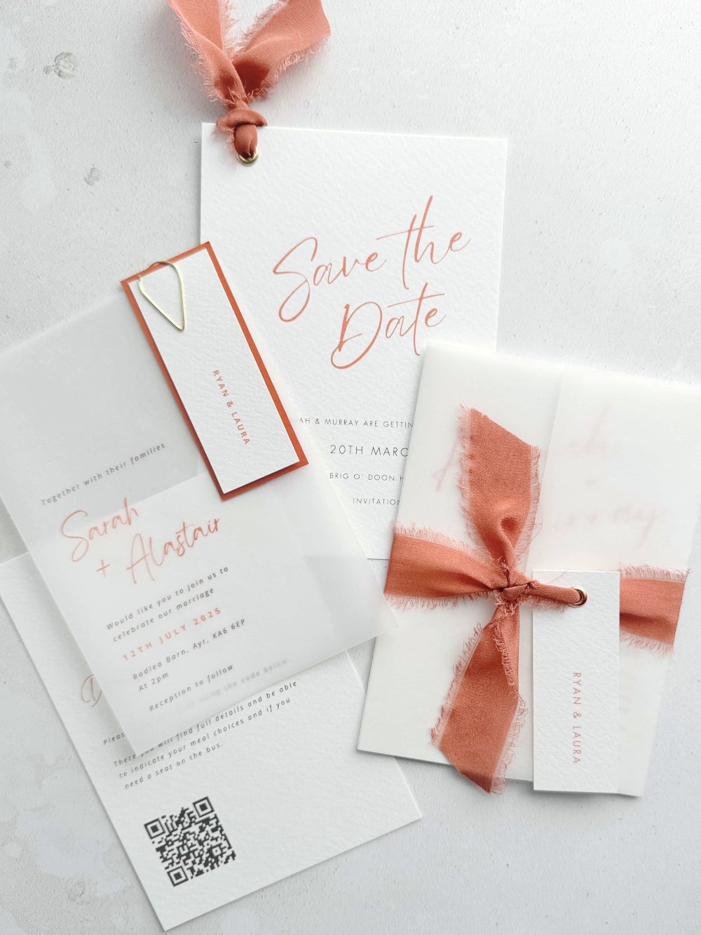 Handmade by zara house design wedding invites with vellum and silk ribbon