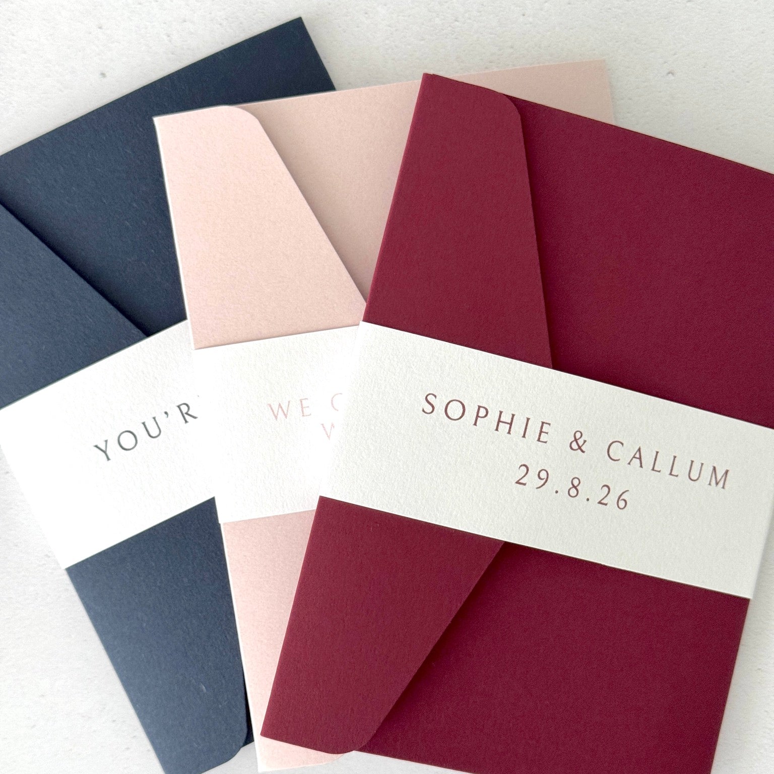 printed belly bands with personalised wording as finishing touch for wedding invites