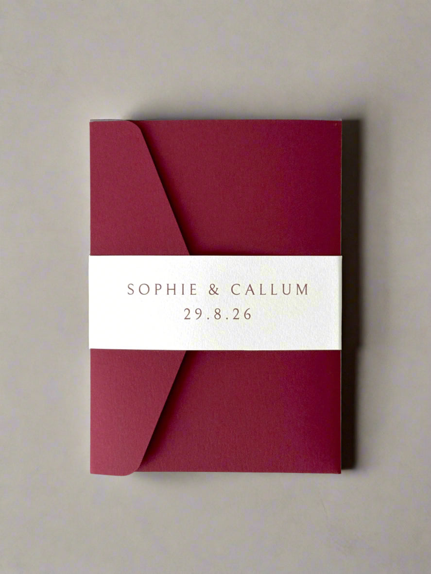 burgundy red personalised with couples names and wedding date on white belly band