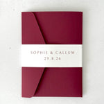 burgundy red personalised with couples names and wedding date on white belly band