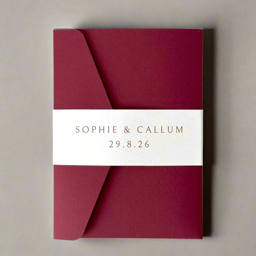 burgundy red personalised with couples names and wedding date on white belly band