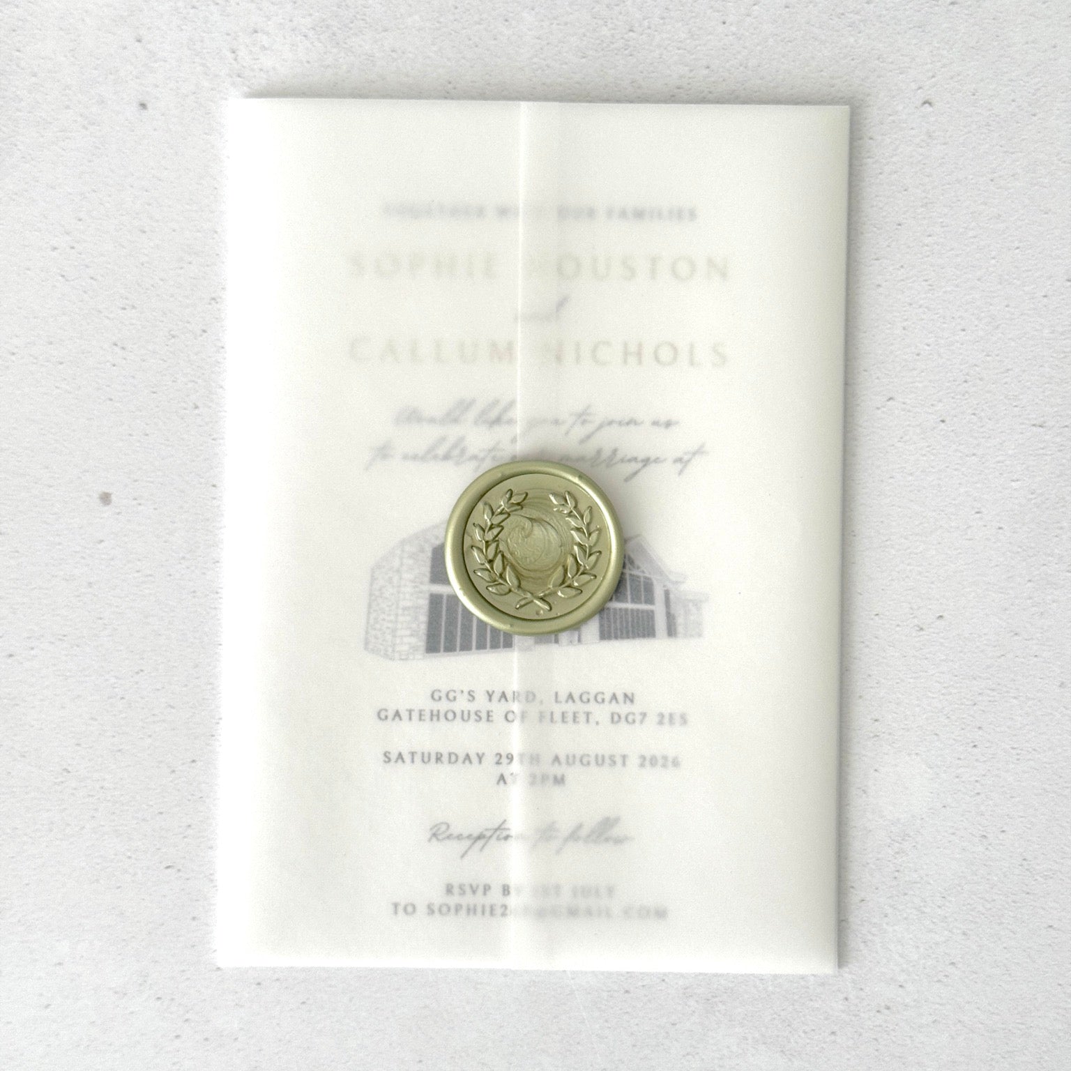 finishing touch for GG's Yard venue illustration wedding invite with vellum wrap and sage green wax seal