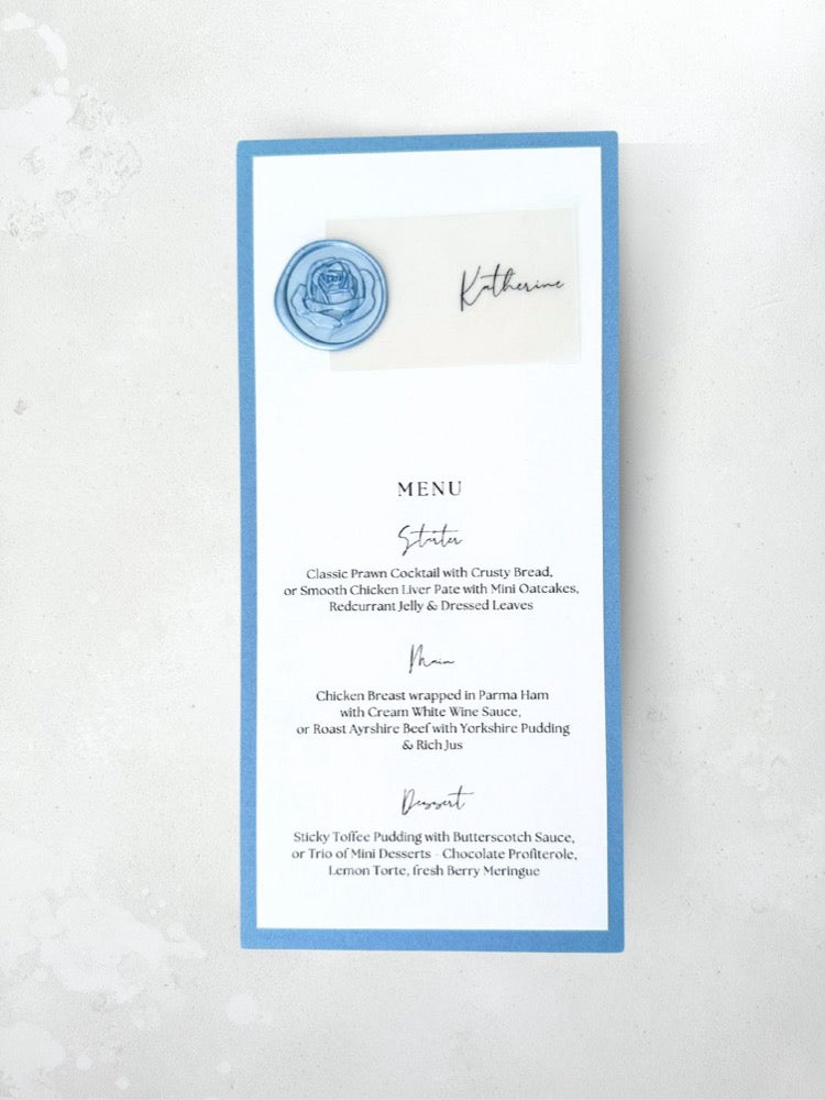 Vellum and wax seal dusky blue printed place card menu handmade by zara dumfries