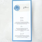 Vellum and wax seal dusky blue printed place card menu handmade by zara dumfries