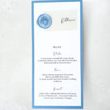 Vellum and wax seal dusky blue printed place card menu handmade by zara dumfries