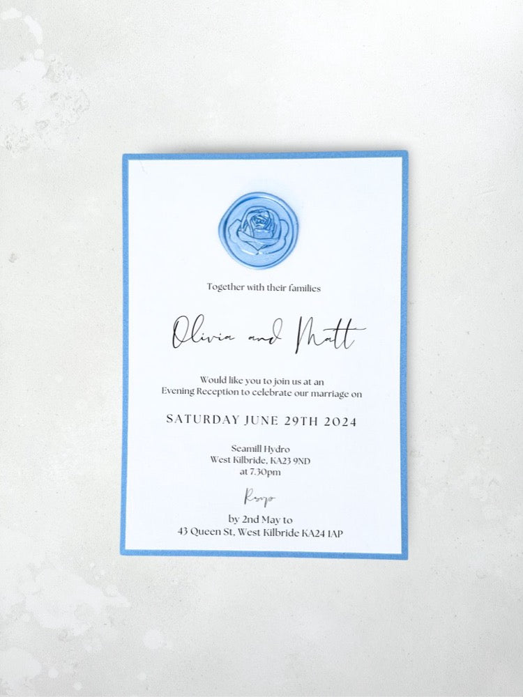 jeni wax seal evening invite in cornflower blue handmade by zara dumfries