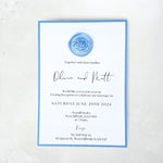 jeni wax seal evening invite in cornflower blue handmade by zara dumfries