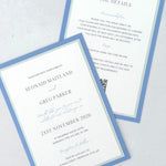 dusty cornflower blue layered postcard wedding invite with details card and QR code