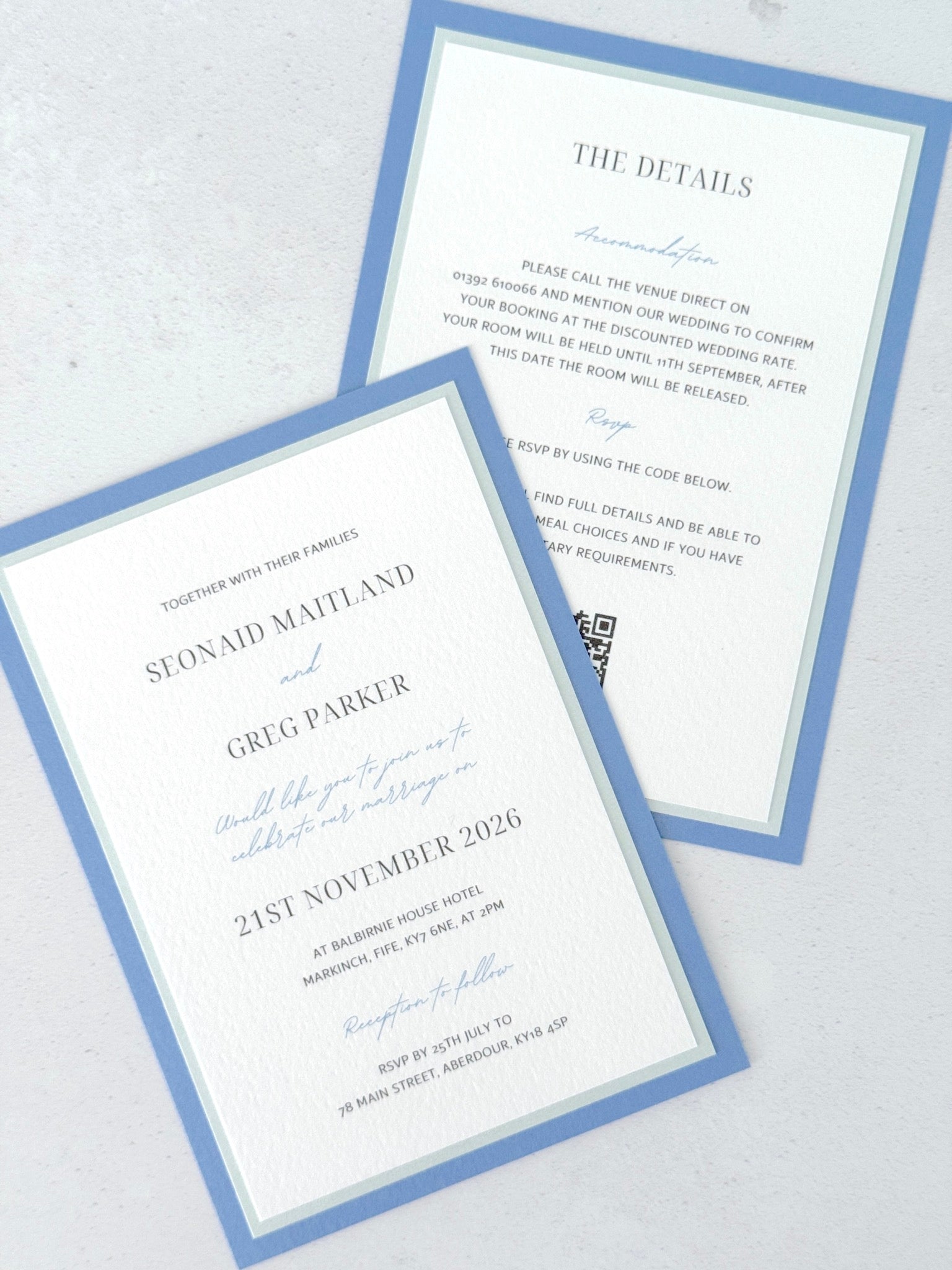 dusty cornflower blue layered postcard wedding invite with details card and QR code