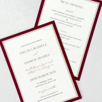 Jeni burgundy and pink wedding invite stacked postcards with custom menu options for Springkell House