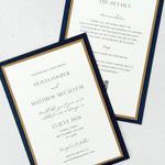 Jeni navy and gold wedding invite with details card and QR code