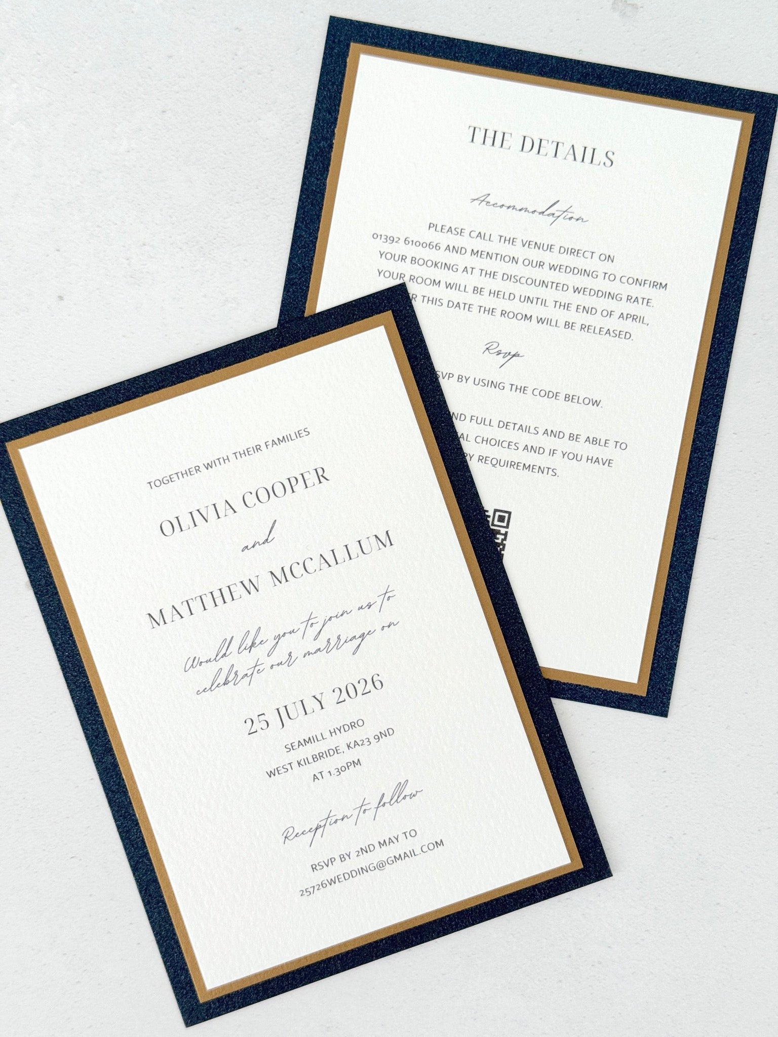 Jeni navy and gold wedding invite with details card and QR code