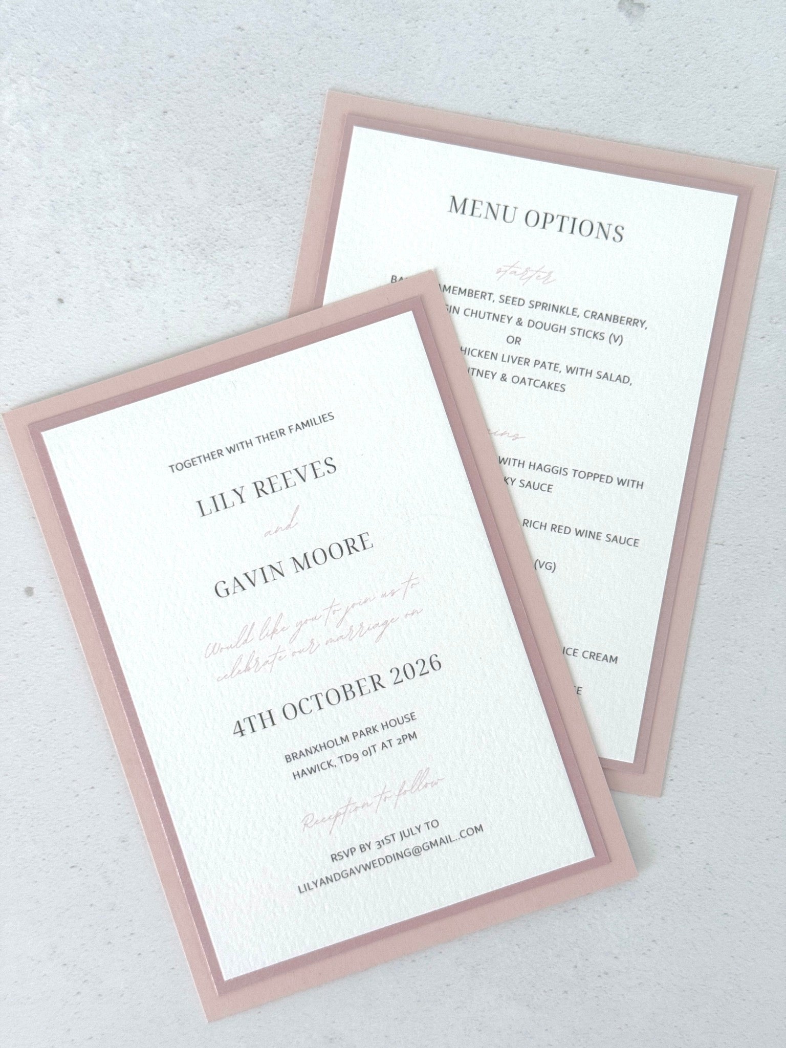 Jeni postcard wedding invite and menu options details cards in pink