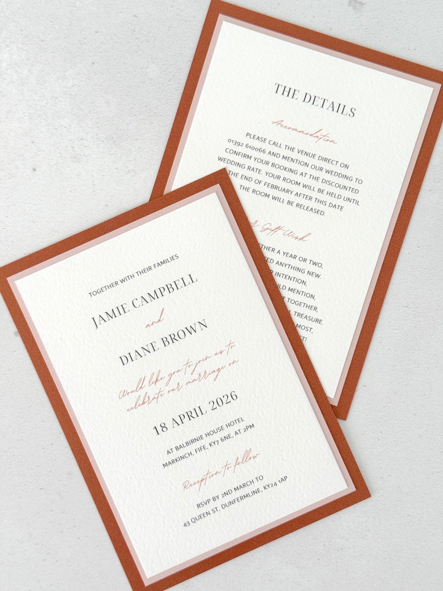 Jeni wedding invite and details postcards Balbirnie House Hotel