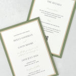 sage green Jeni postcard wedding invite and details card with QR code