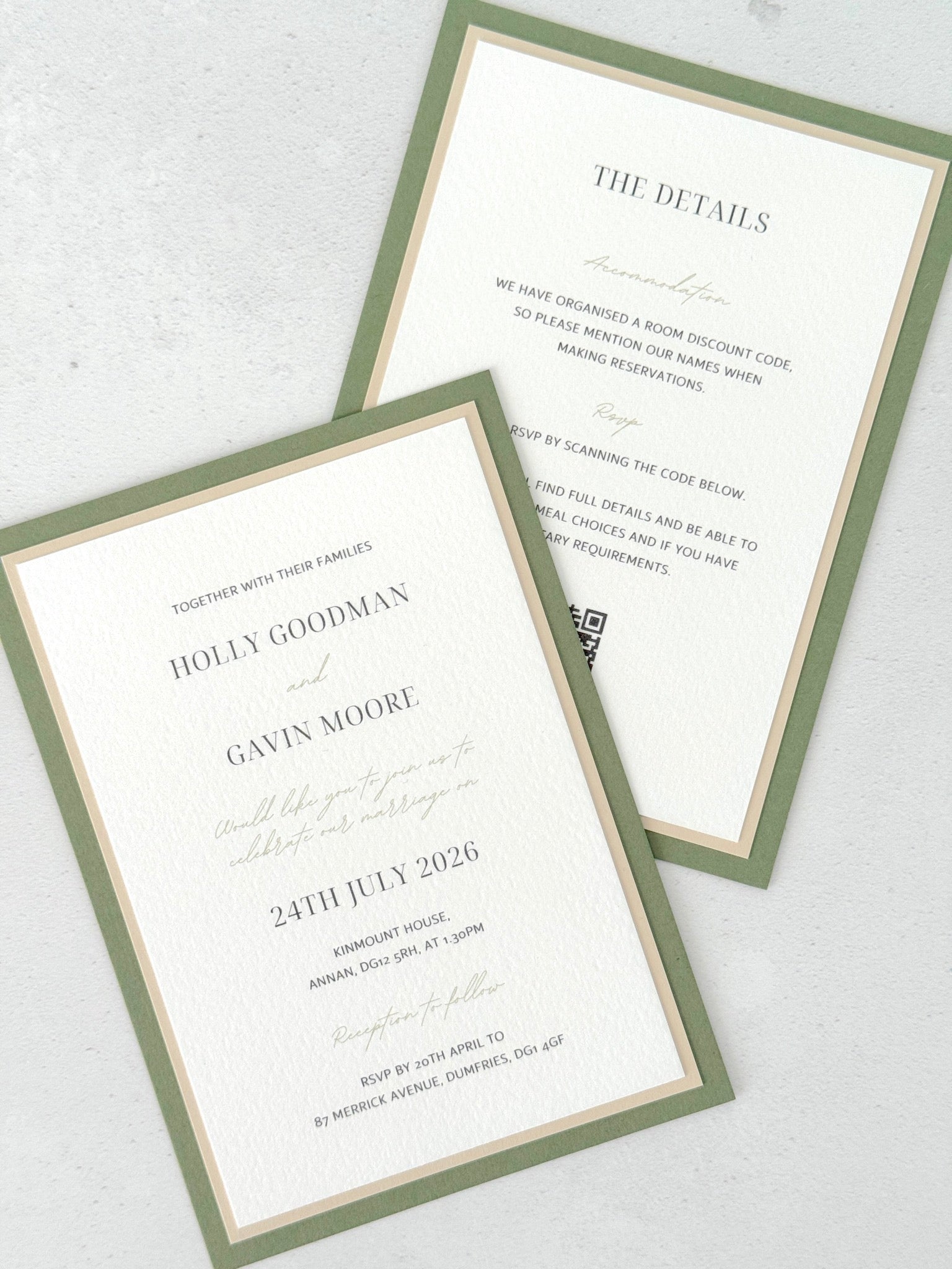 sage green Jeni postcard wedding invite and details card with QR code