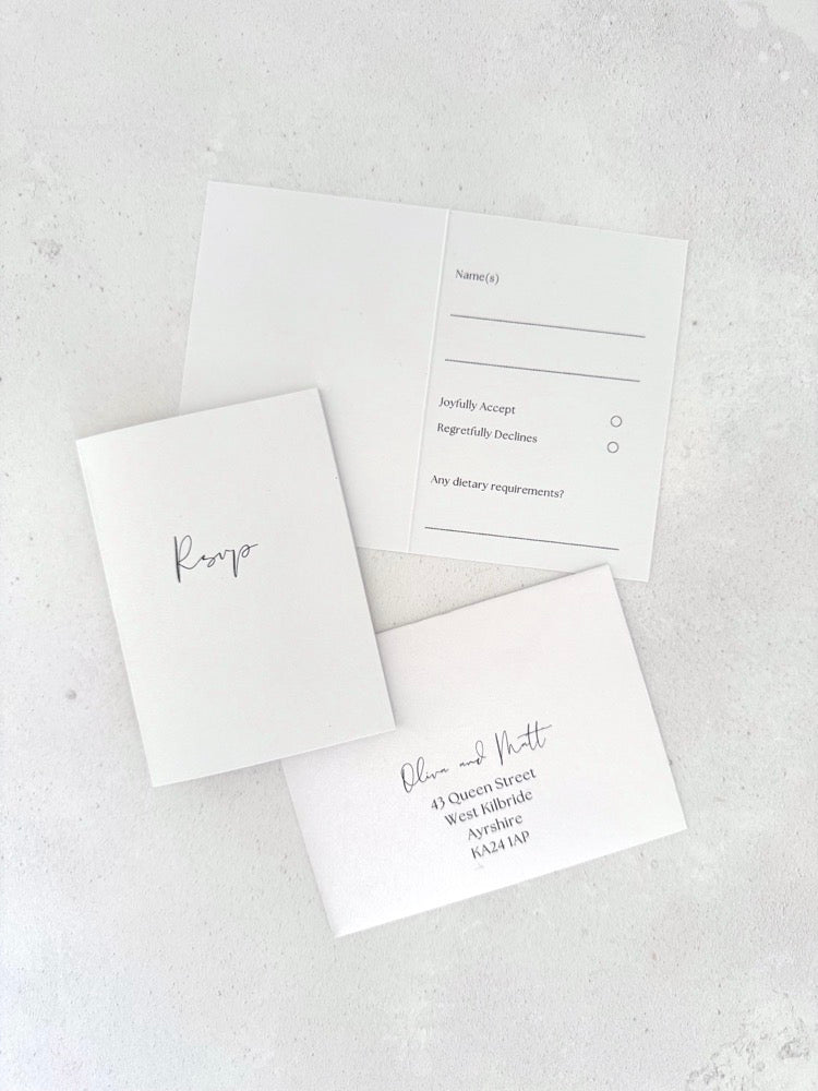 Mini folded rsvp card and addressed envelopes