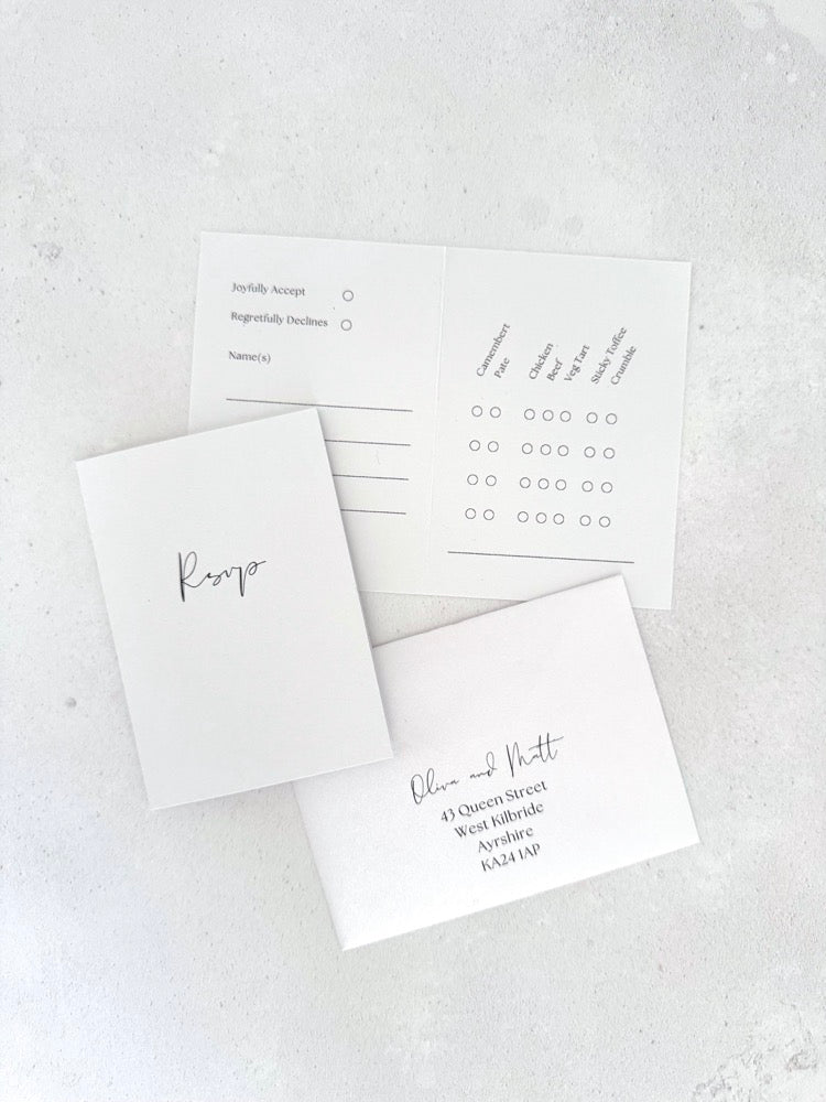 Jeni folded small rsvp card with custom menu tick off and mini self addressed envelope