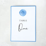 dusty blue rose wax seal table name on the day wedding stationery handmade by zara Dumfries