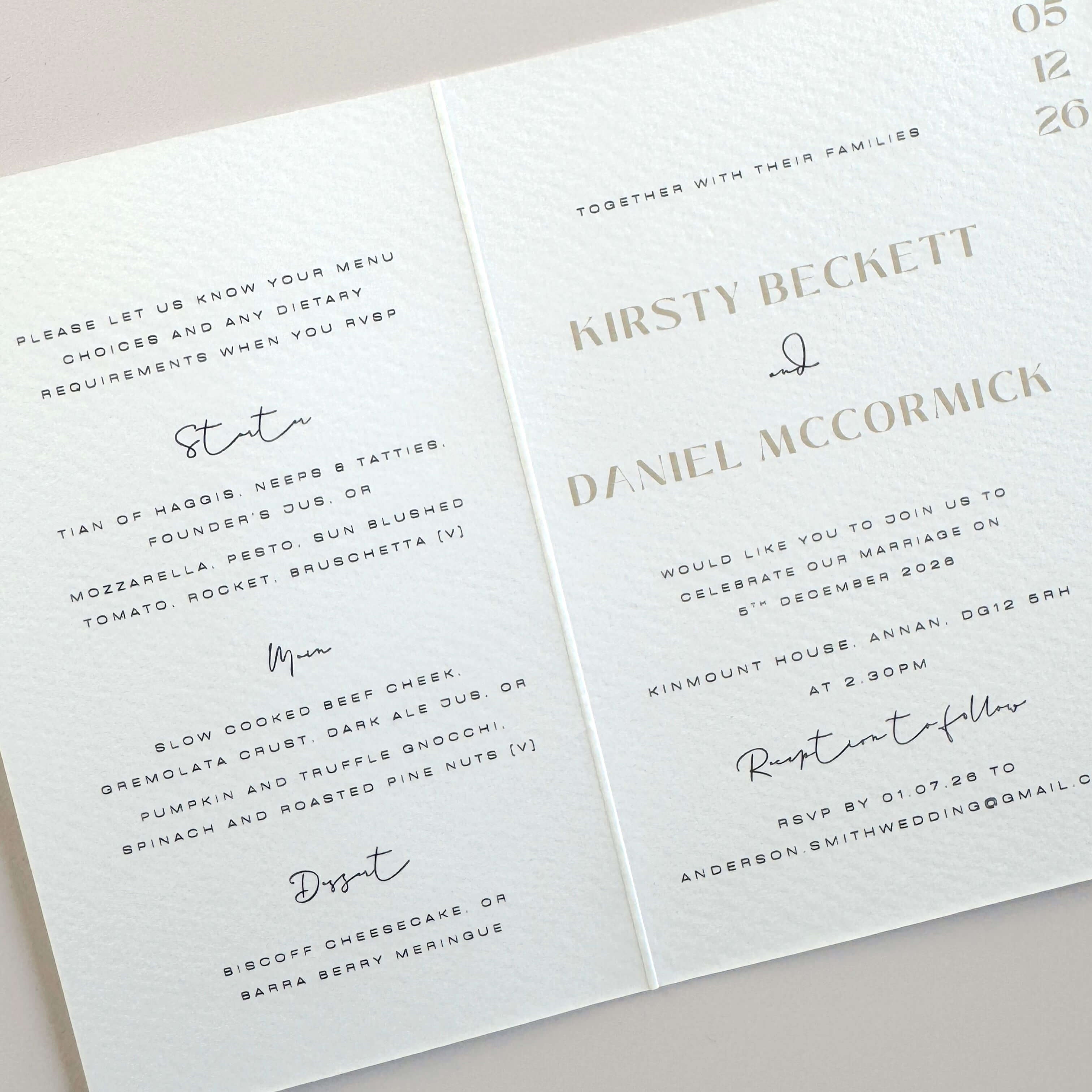 Inside of Kirsty wedding invite with wedding details and menu options