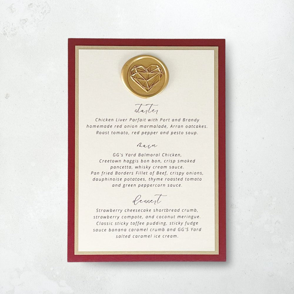 Lily wax seal menu in burgundy and gold, on the day stationery
