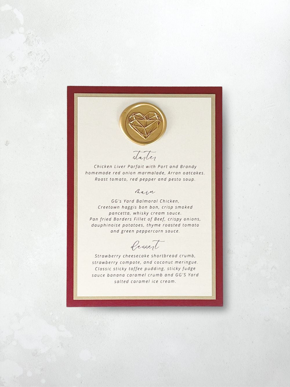 Lily wax seal menu in burgundy and gold, on the day stationery
