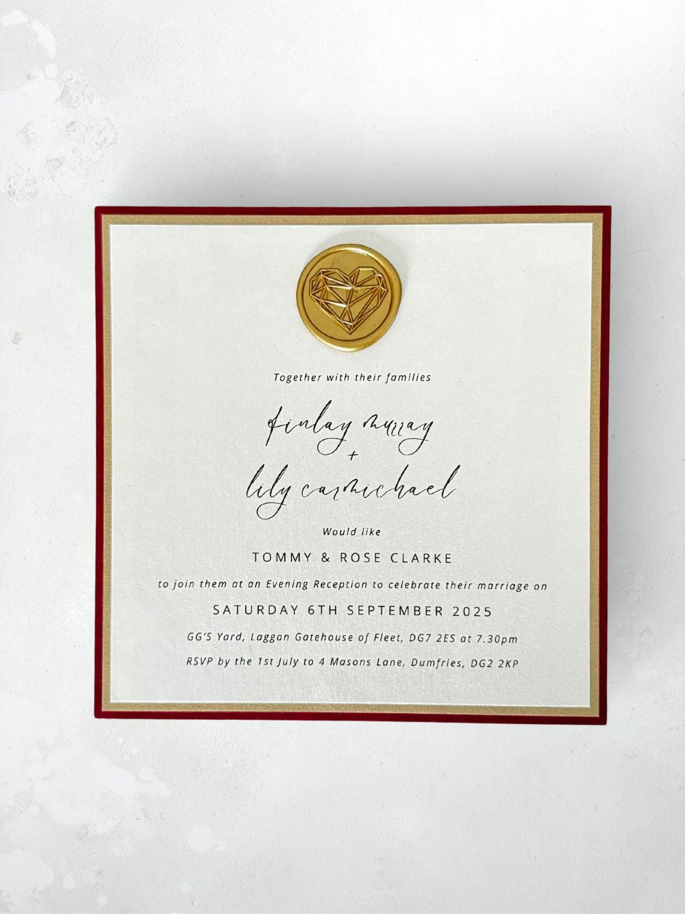 lily square evening invite with wax seal handmade by zara