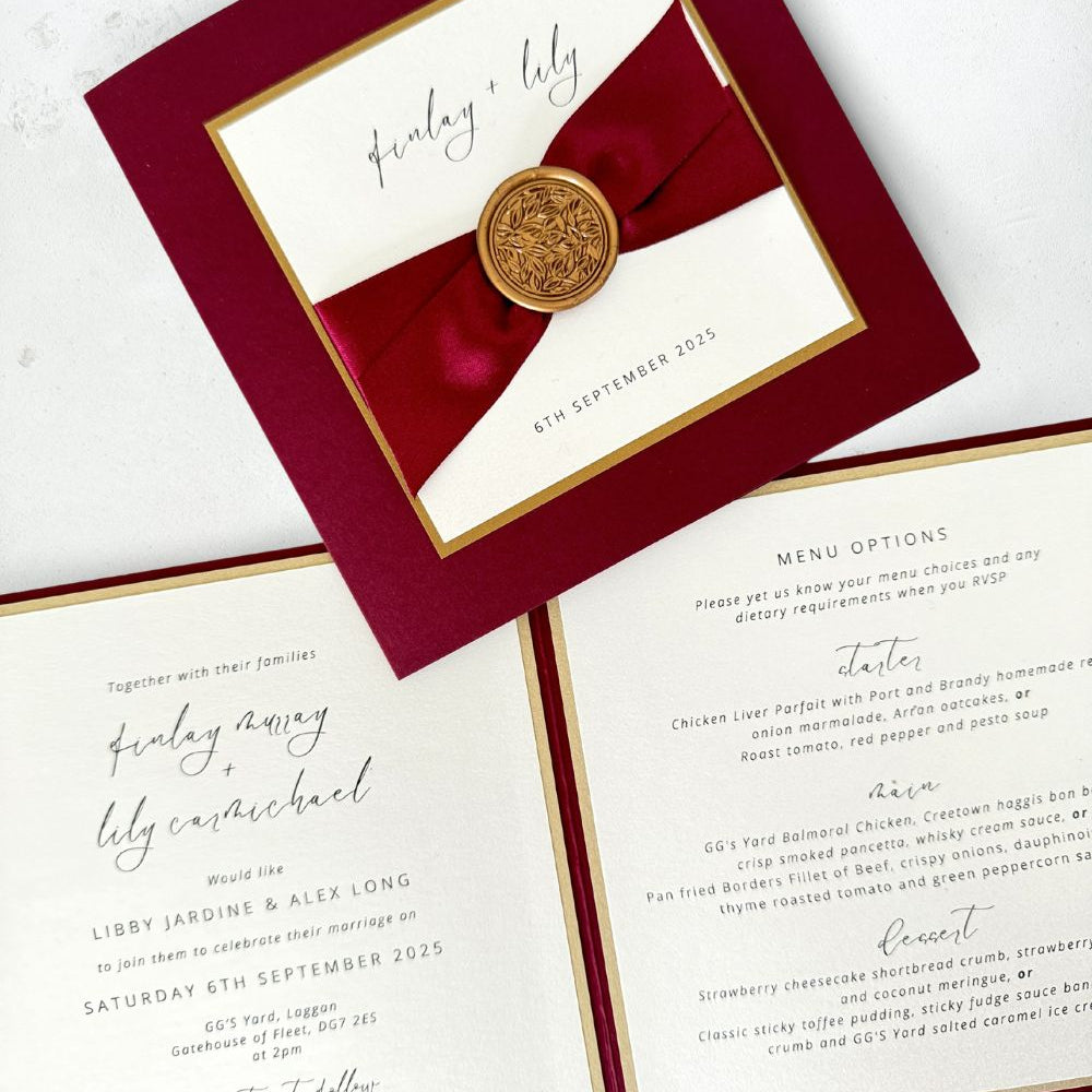 Lily wedding invite and details in burgundy satin ribbon and gold wax seal