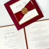 Lily wedding invite and details in burgundy satin ribbon and gold wax seal