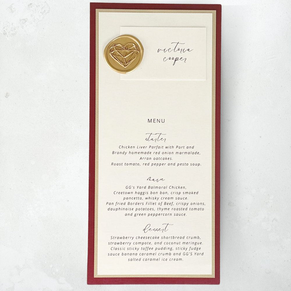 burgundy and gold wax seal individual menu place card handmade by zara