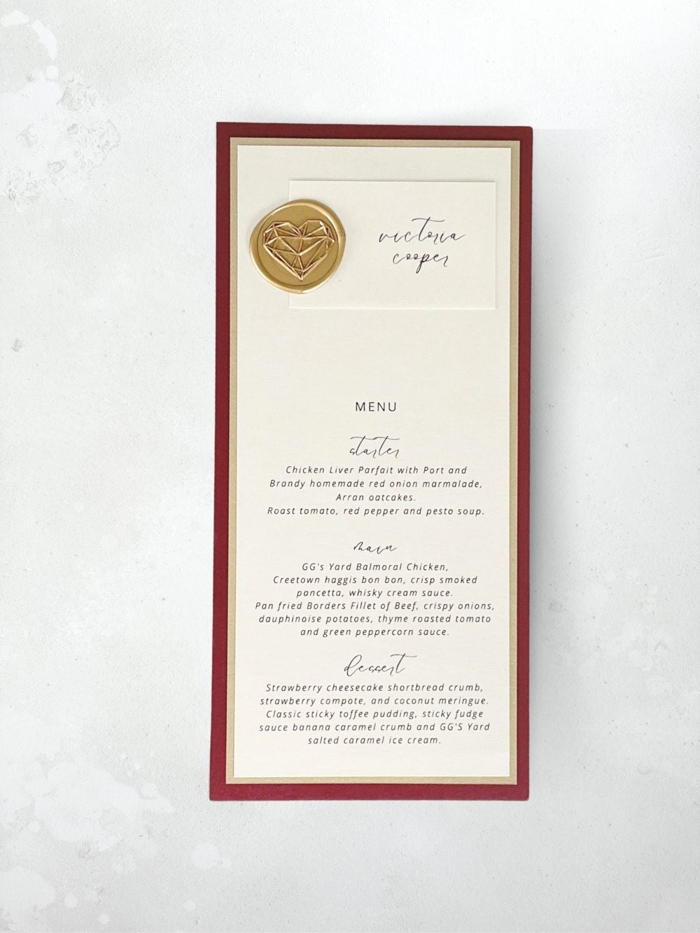 burgundy and gold wax seal individual menu place card handmade by zara