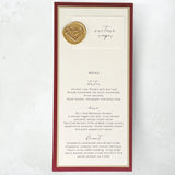 burgundy and gold wax seal individual menu place card handmade by zara