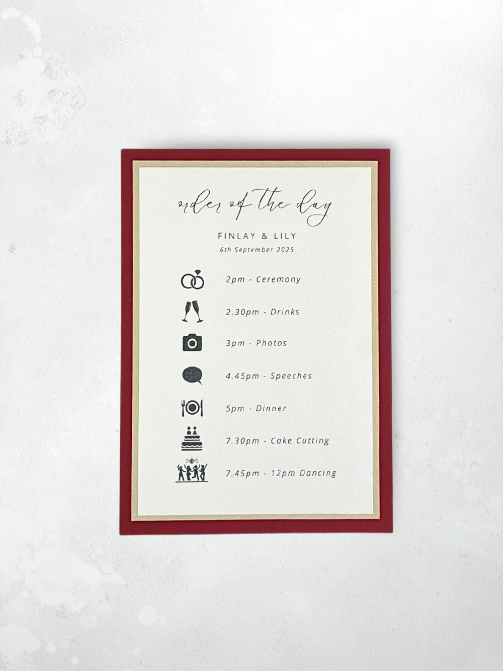 handmade modern wedding stationery burgundy and gold order of the day card