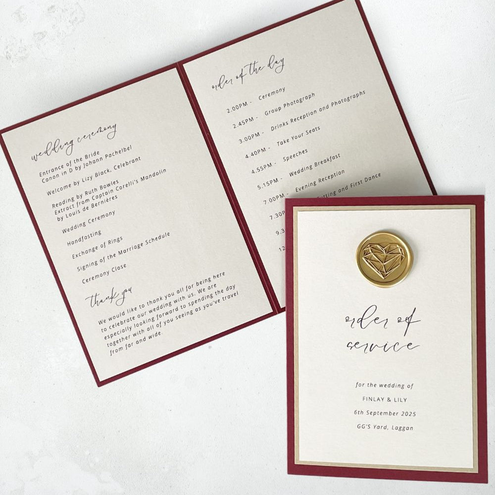 Burgundy and gold  wax seal order of service booklet wedding ceremony stationery scotland