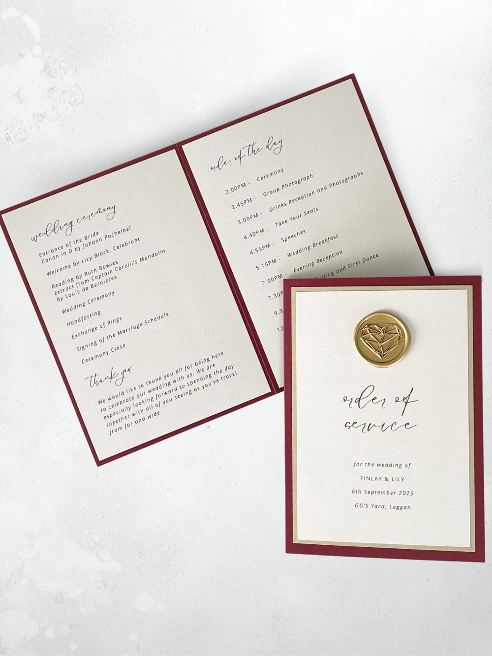 Burgundy and gold  wax seal order of service booklet wedding ceremony stationery scotland