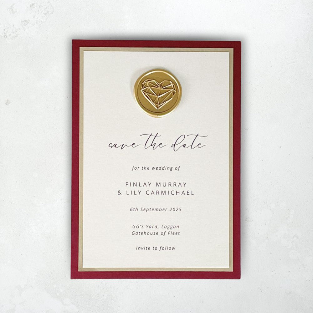 lily wax seal save the date gold geometric heart and burgundy card