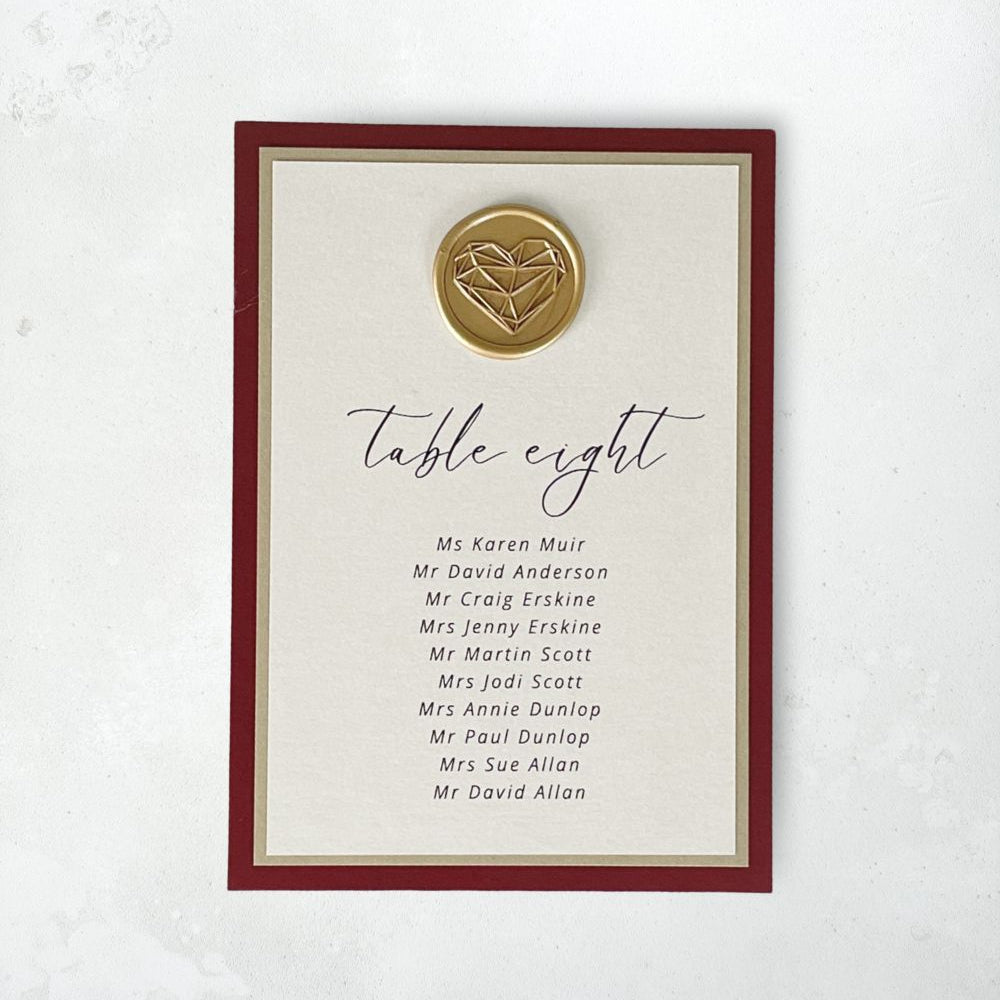 lily table plan card with wax seal handmade by zara dumfries