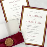 Red and gold wedding invite with details postcard with vellum sleeve and belly band