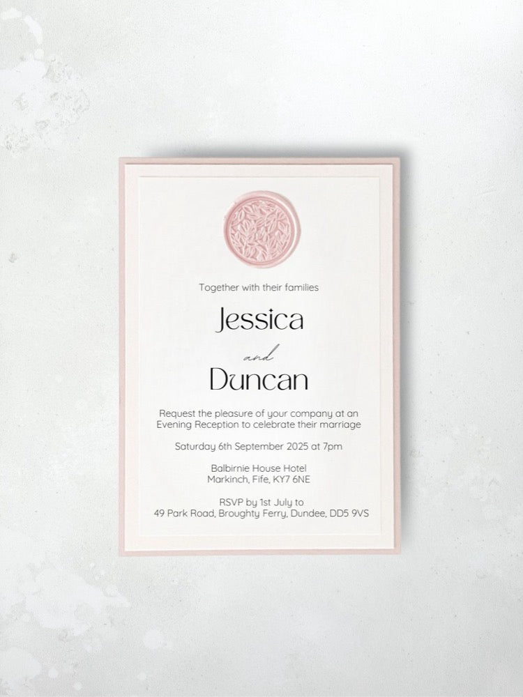 lyn evening invite with pink wax seal