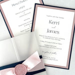 navy and pink postcard wedding invite and details card with vellum wrap, belly band, and wax seal 