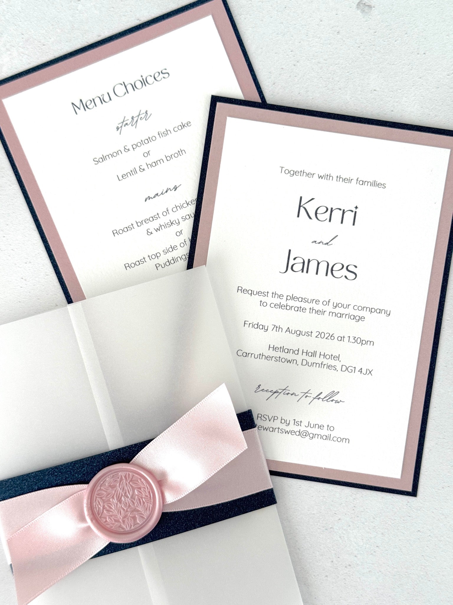 navy and pink postcard wedding invite and details card with vellum wrap, belly band, and wax seal 