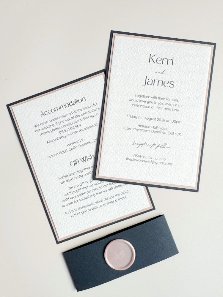 Navy and pink wedding invite with belly navy band and pink blank wax seal. Info card with accommodation and gift wish details.