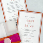 Layered wedding invite and details postcards with QR code and vellum jacket